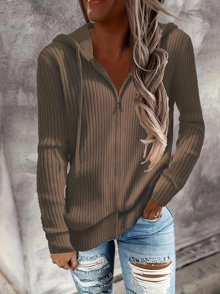 Tatjorina - Loose Fit Long Sleeve Ribbed Hooded Cardigan
