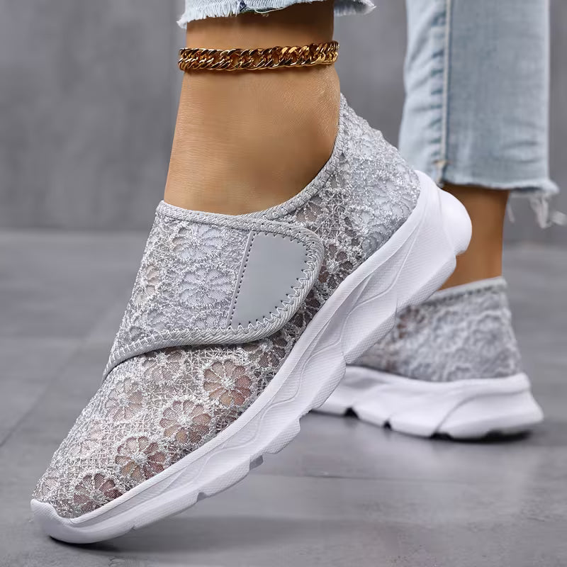 Linnine - Floral Lace Hook and Loop Sneakers