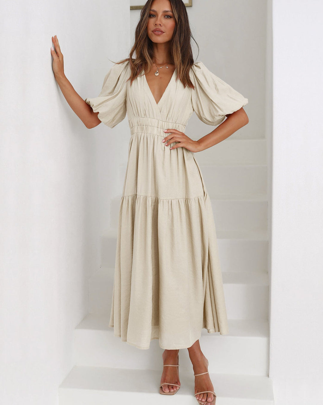Delphine - Stylish Midi Dress With V-neck And Ruffle Sleeves