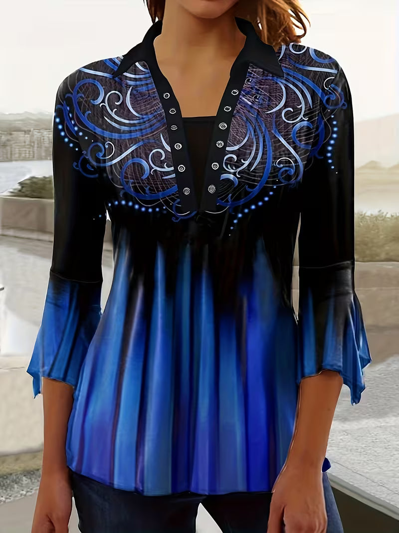 Anerisosa - Printed Lapel Top With Irregular Sleeve