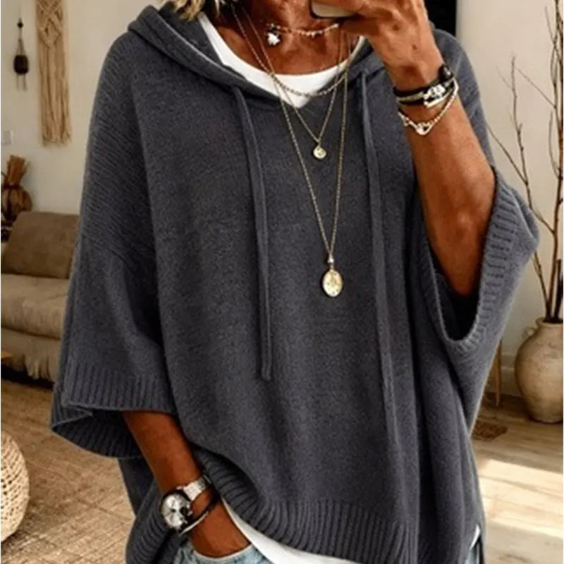 Oriaette - Oversized Knit Hoodie With Drawstring