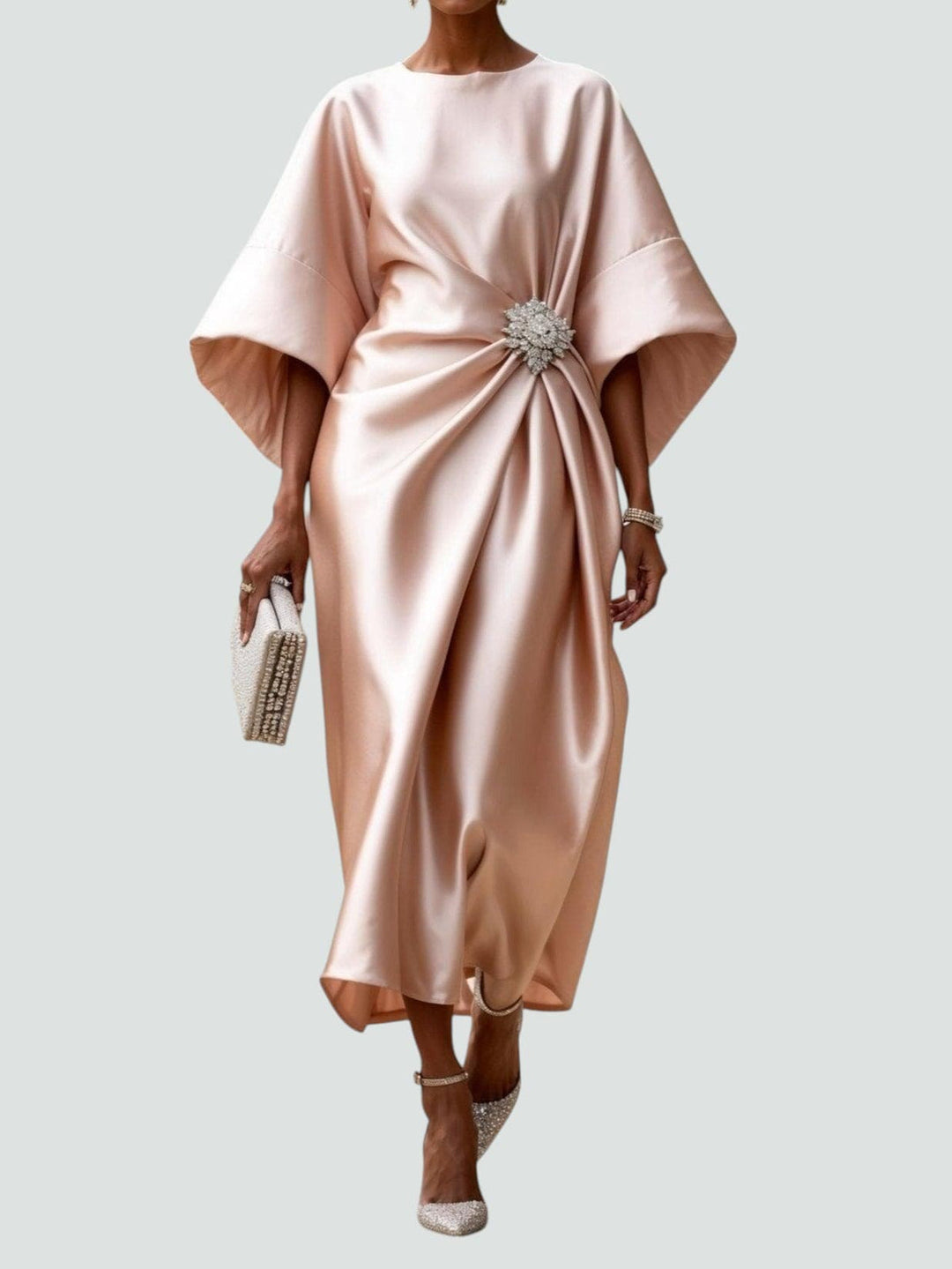 Noveine - Modern Satin Cape Sleeve Maxi Dress