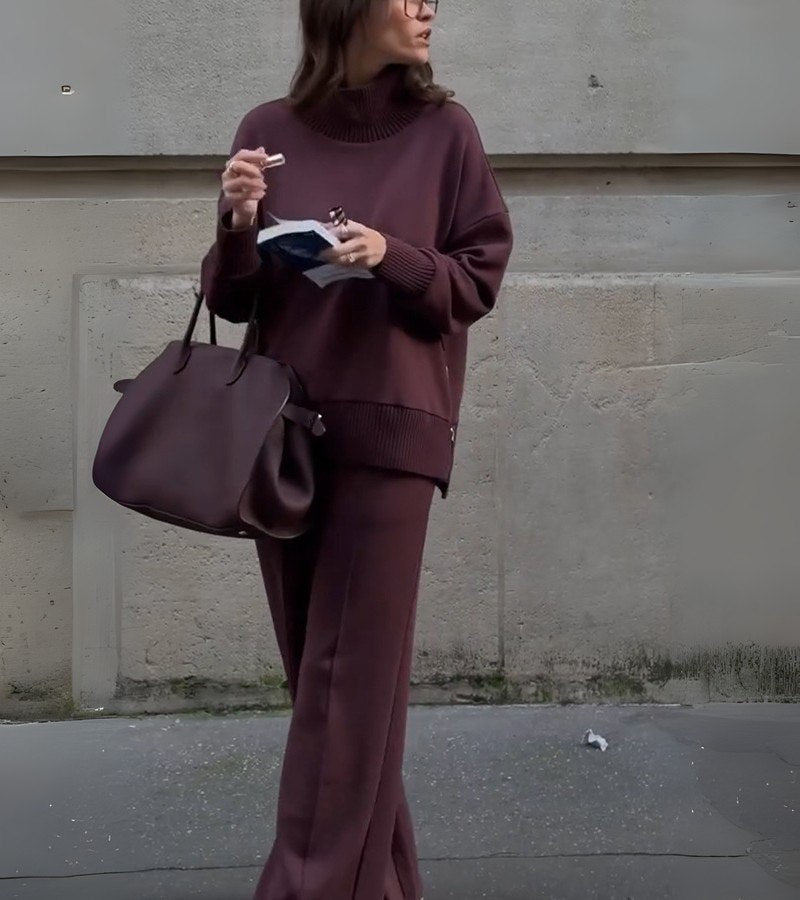 Blandine - Knitted Two Piece Set Turtleneck Sweater And Wide Leg Trousers