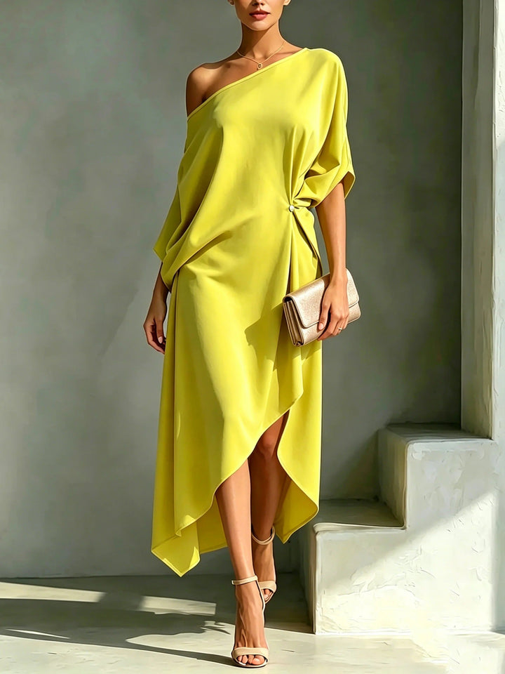 Elonia - Off Shoulder Asymmetric Midi Dress