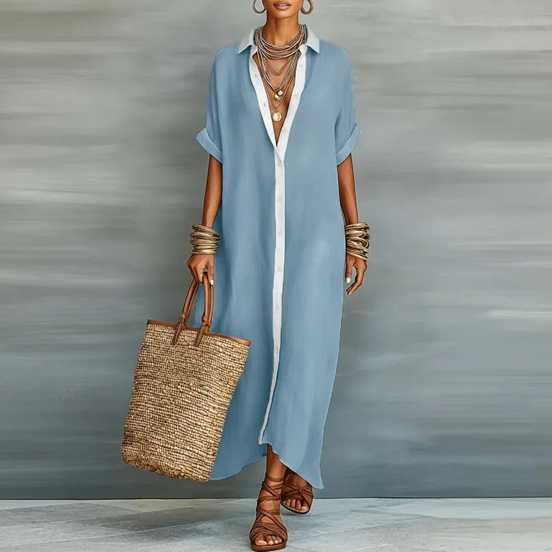 Nerena - Elegant Draped Notched Collar Shirt Dress