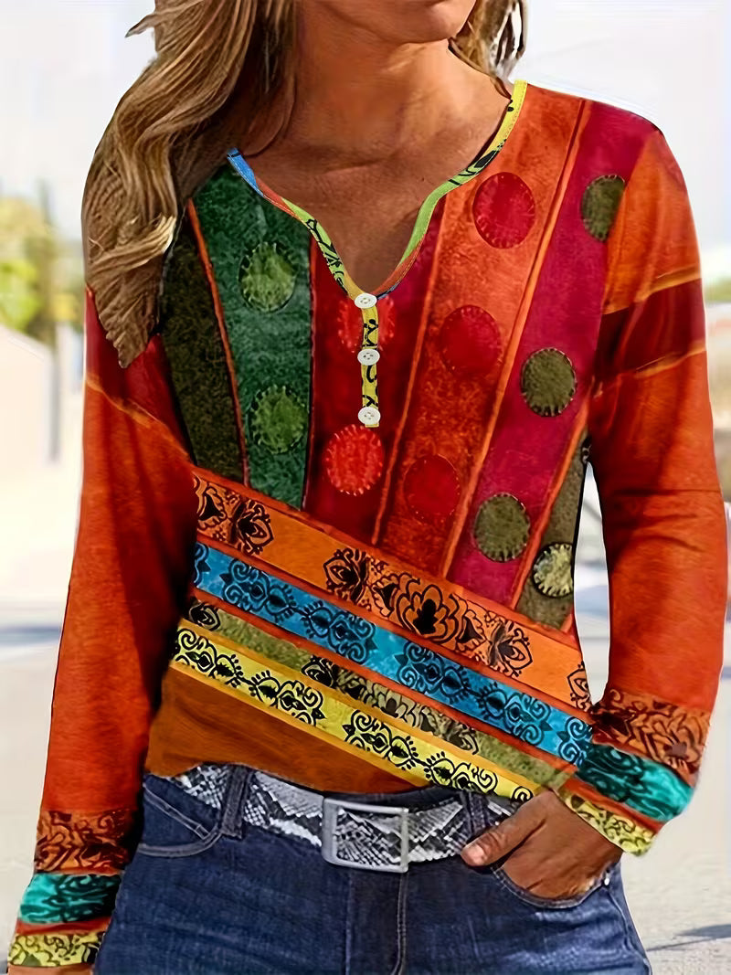 Solora - Long Sleeve Blouse With Ethnic Print