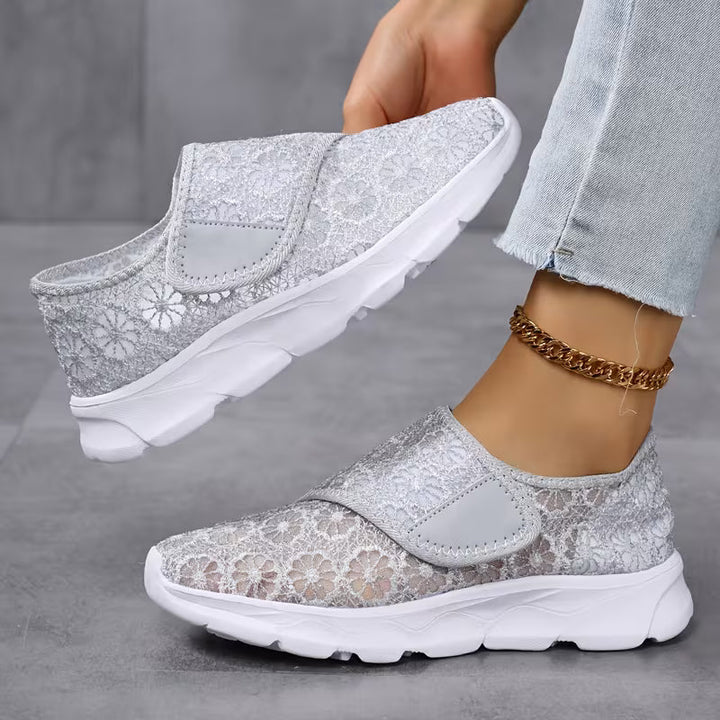 Linnine - Floral Lace Hook and Loop Sneakers