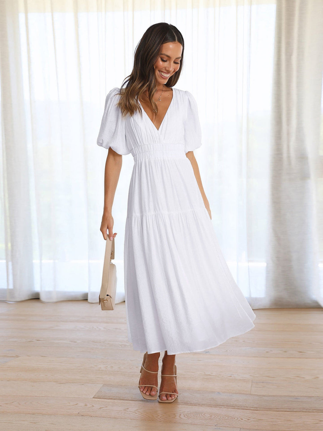 Delphine - Stylish Midi Dress With V-neck And Ruffle Sleeves