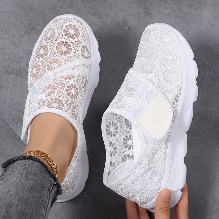 Linnine - Floral Lace Hook and Loop Sneakers