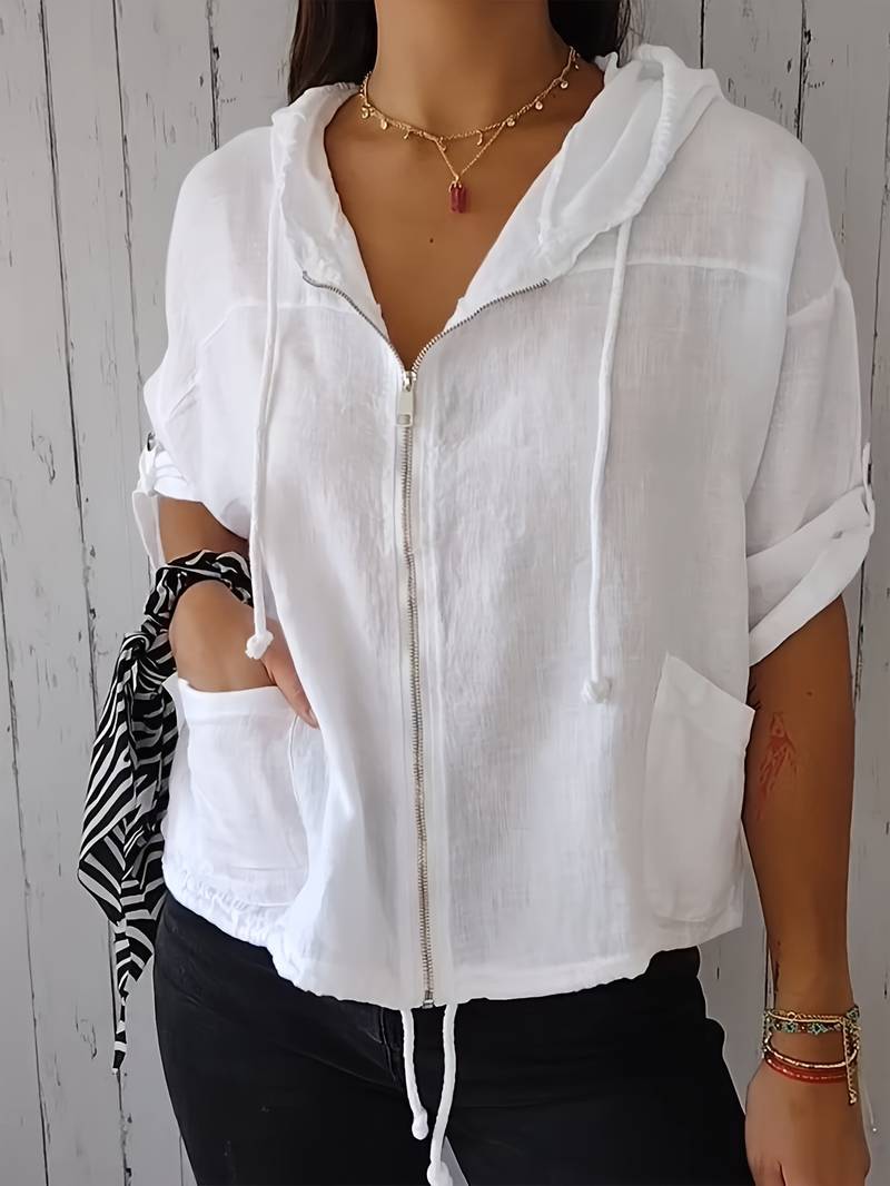 Senushi - Short Sleeve Loose Hooded With Zippered