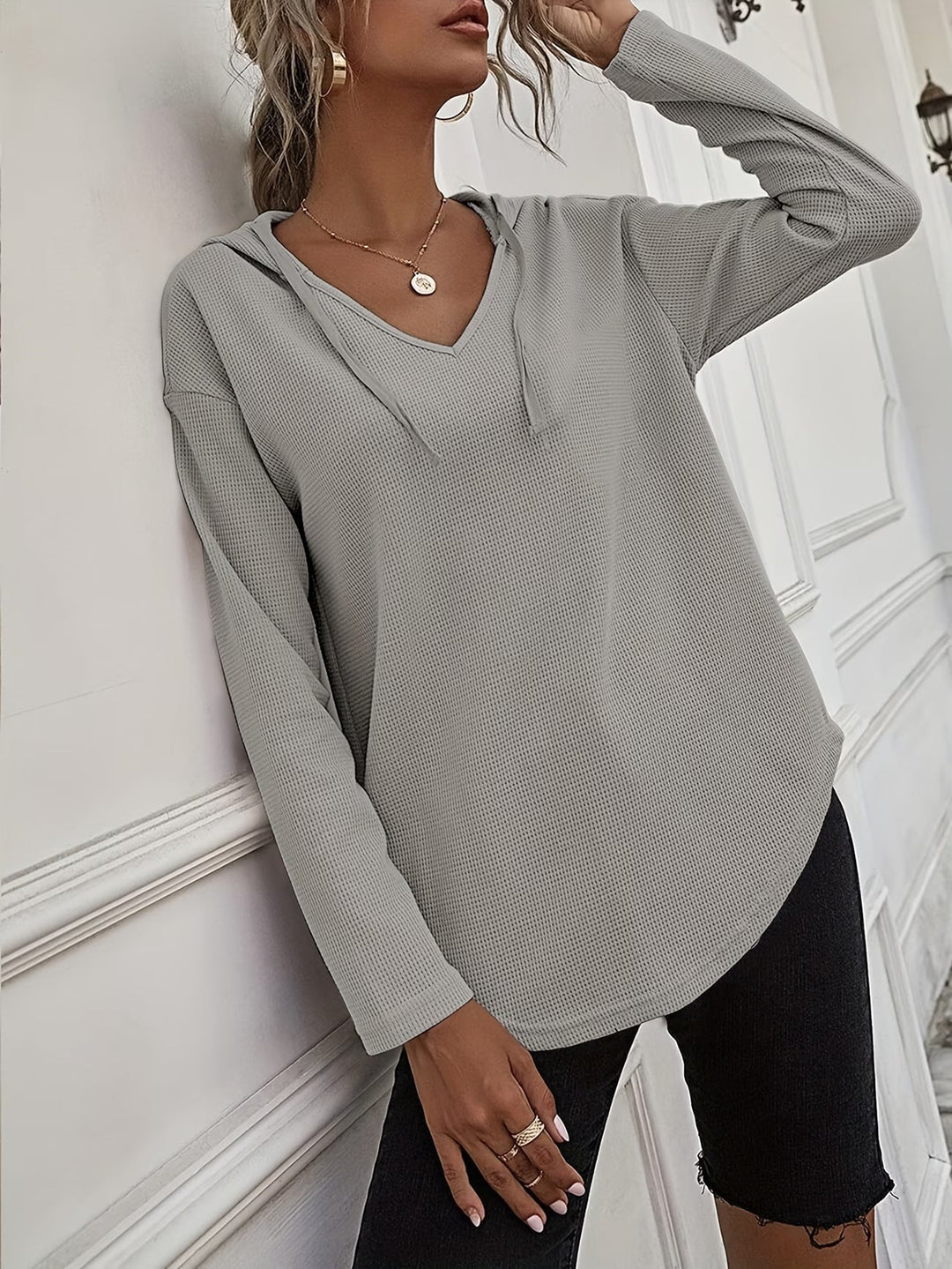 Laurette - Long Sleeve V Neck Hoodie