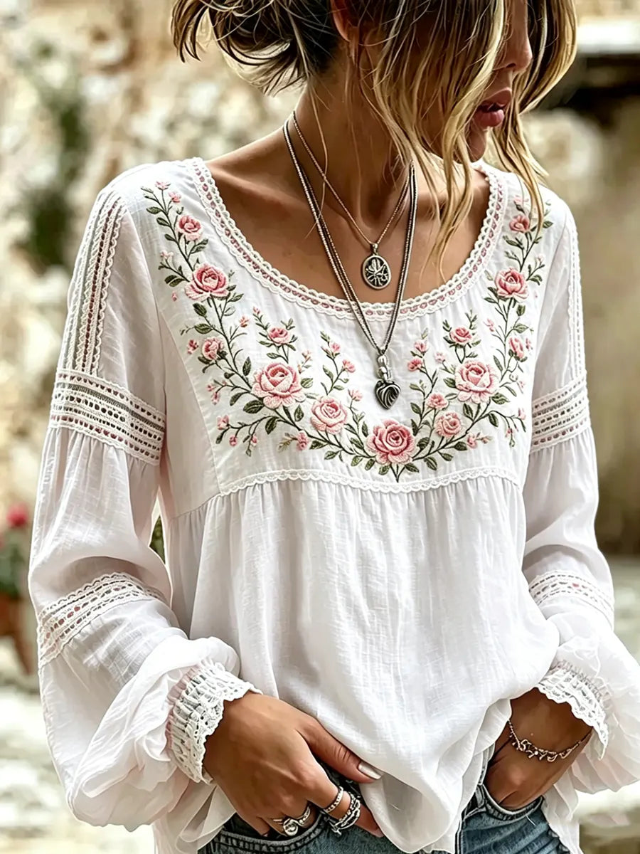 Esraa - Linen Blouse With Embroidered Floral Neck