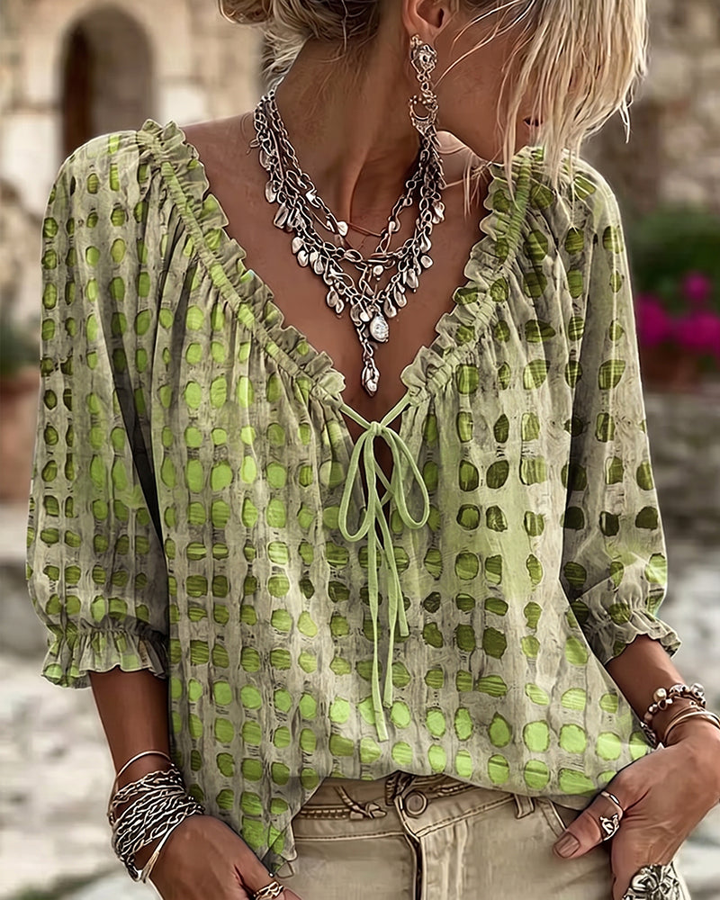 Kesney - Polka Dot Blouse With Laces