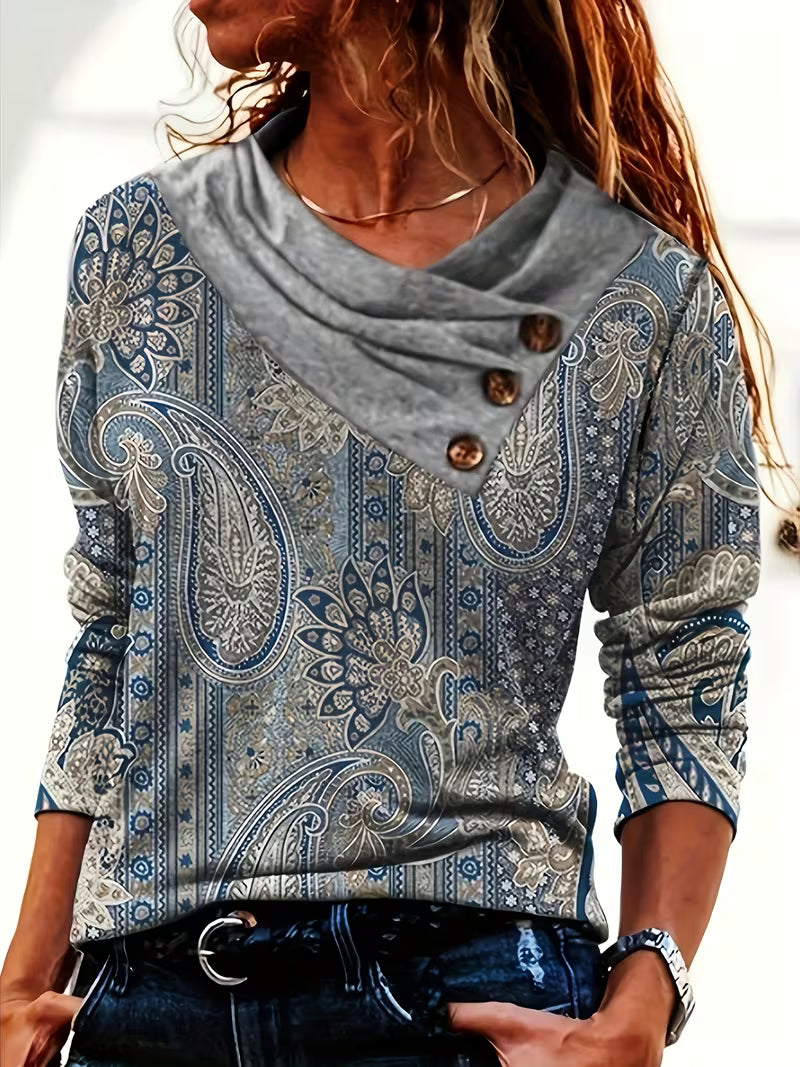 Calette - Paisley Print Cowl Neck Top