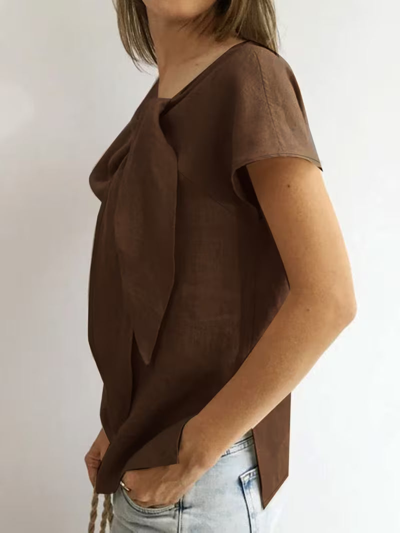 Jovea - Tie-Neck Short Sleeve Top