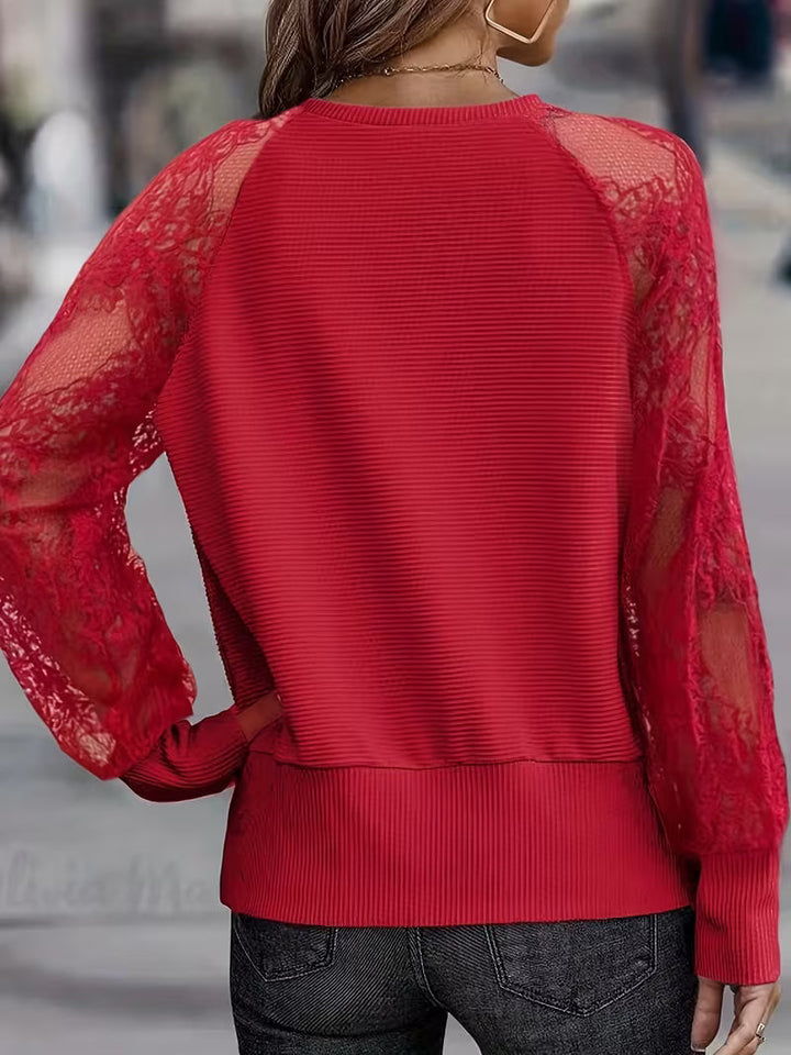 Melionina - V-Neck Lace Sleeve Ribbed Top