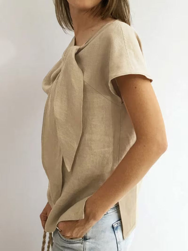 Jovea - Tie-Neck Short Sleeve Top