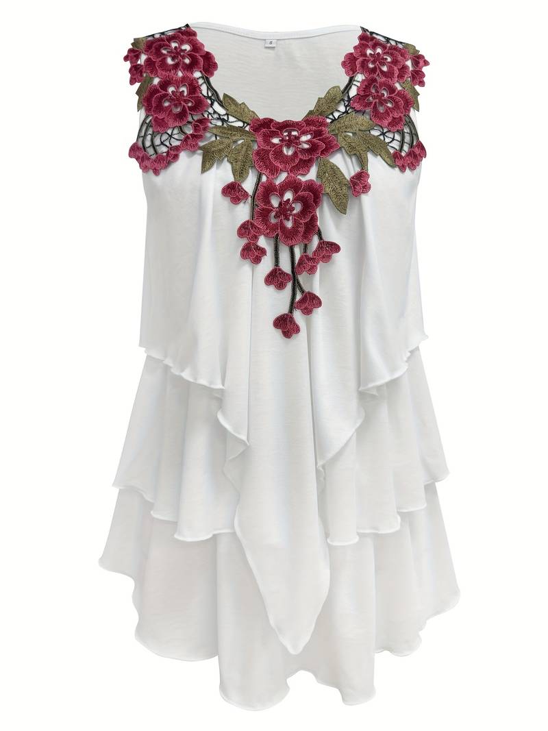 Verunka - Summer V-Neck Soluble Lace Patchwork Ruffled Blouse