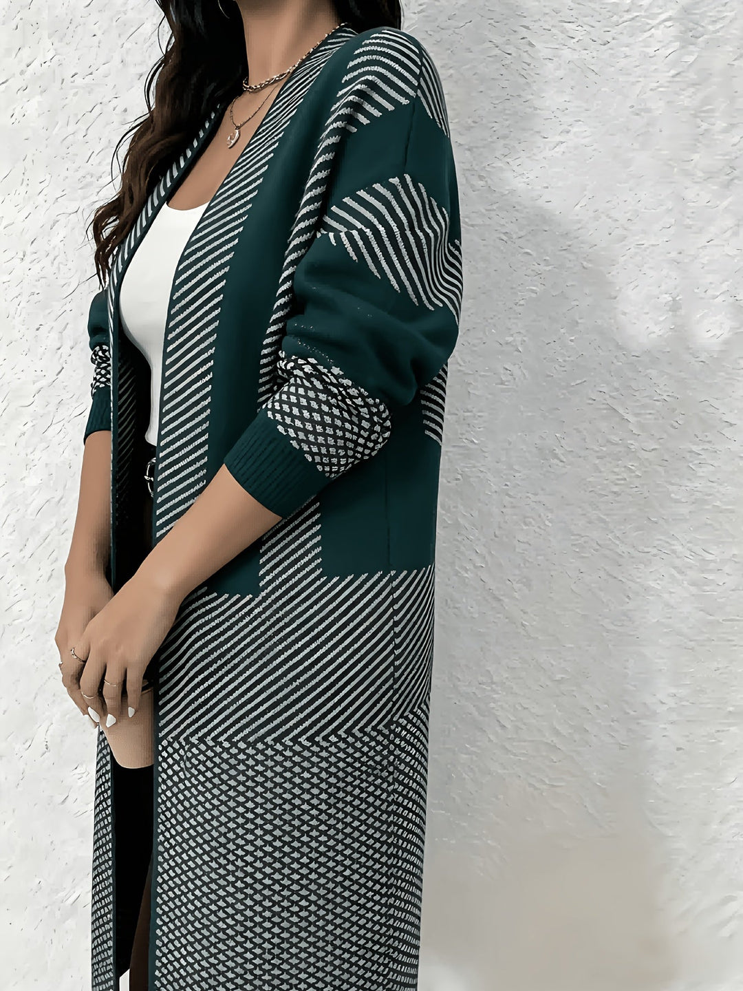 Liliyicia - Longline Geometric Knit Open Front Cardigan
