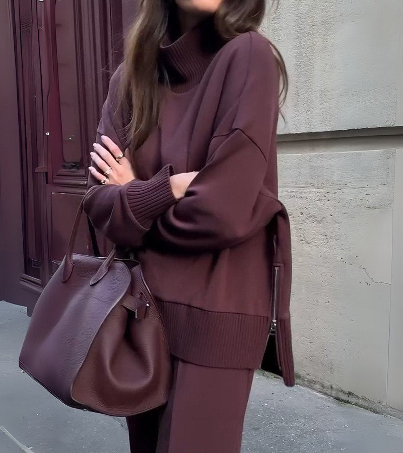 Blandine - Knitted Two Piece Set Turtleneck Sweater And Wide Leg Trousers
