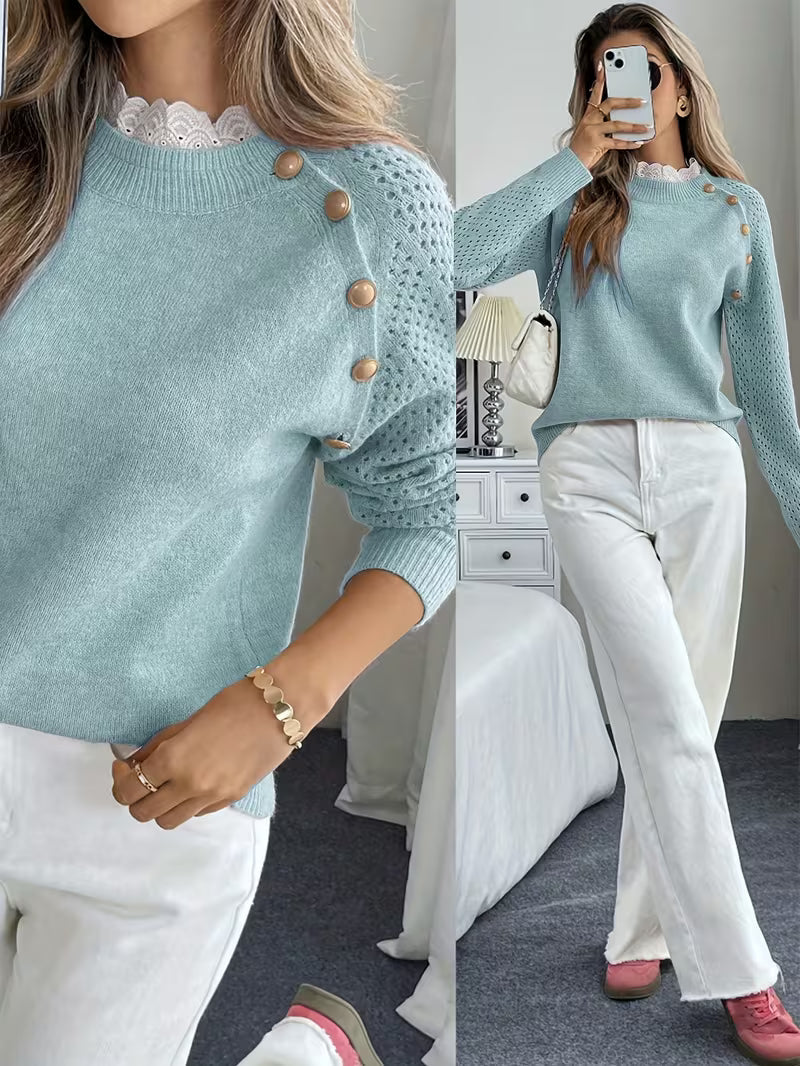 Lucrelina - Lace Round Neck Long Slevee Sweater