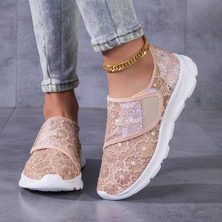 Linnine - Floral Lace Hook and Loop Sneakers