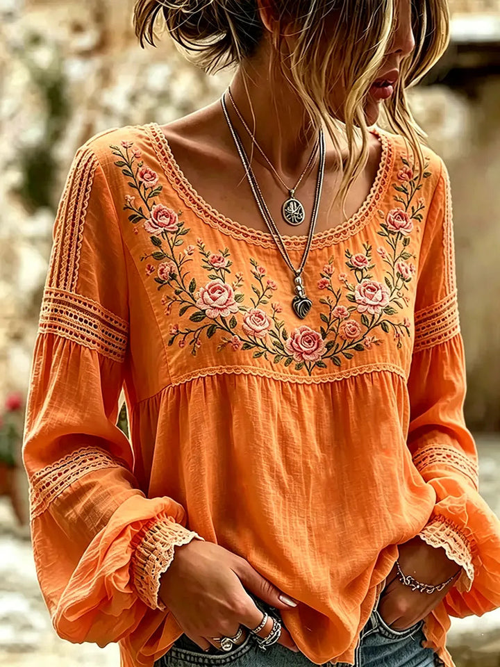 Esraa - Linen Blouse With Embroidered Floral Neck