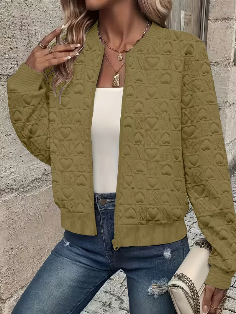 Mileisine - Embossed Heart Pattern Zip-Up Jacket