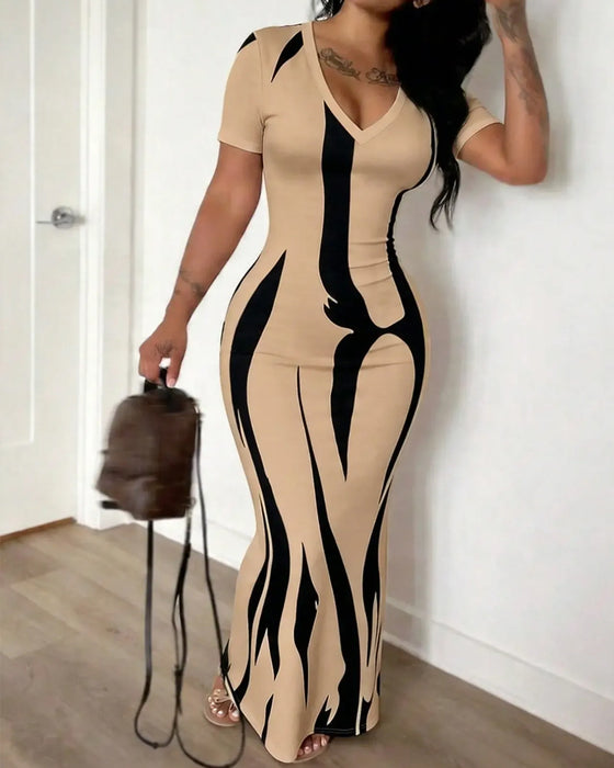 Vionia - V-Neck Striped Fitted Dress