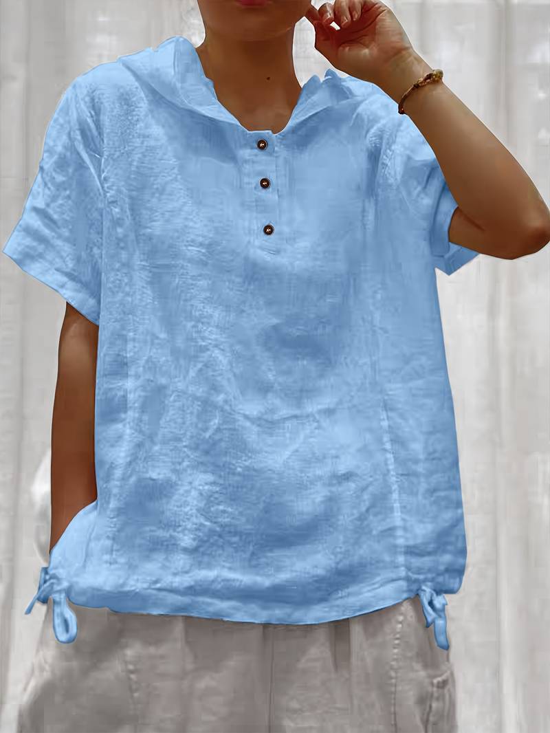 Dounia - Loose Short-Sleeved Hooded With Button