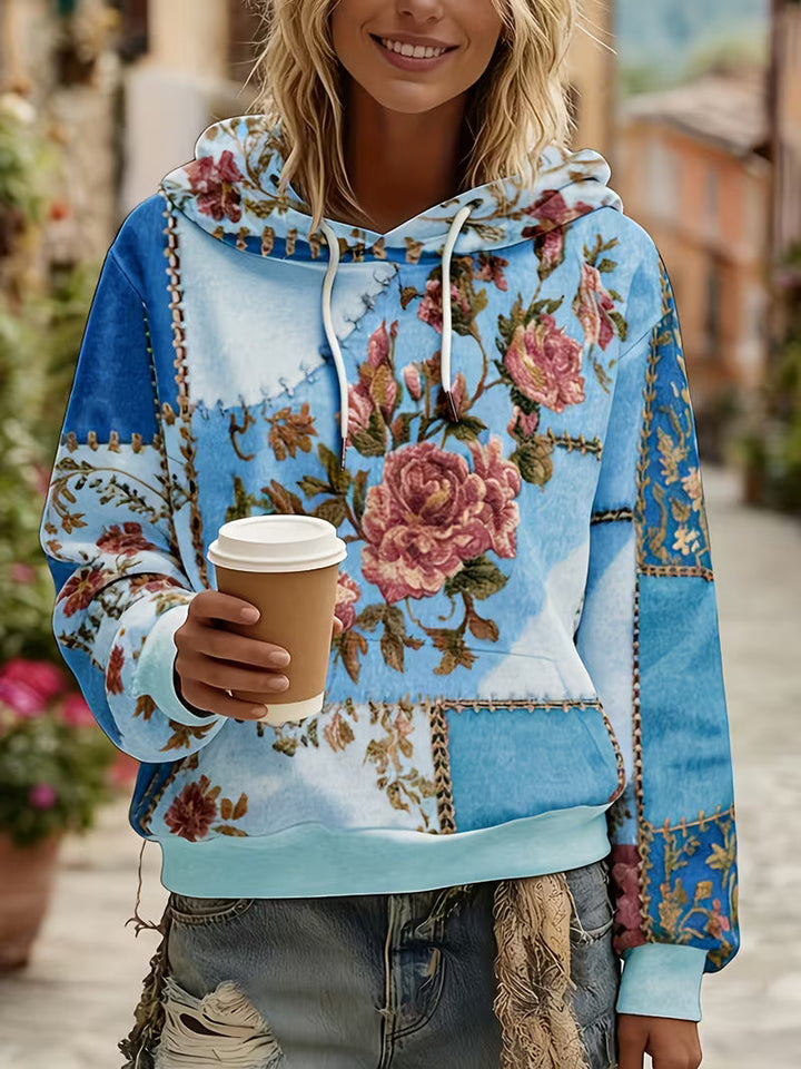 Zaneosica - Floral Patchwork Long Sleeve Hooded Top