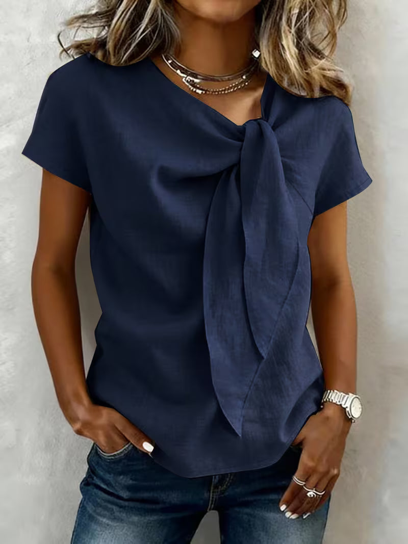 Jovea - Tie-Neck Short Sleeve Top