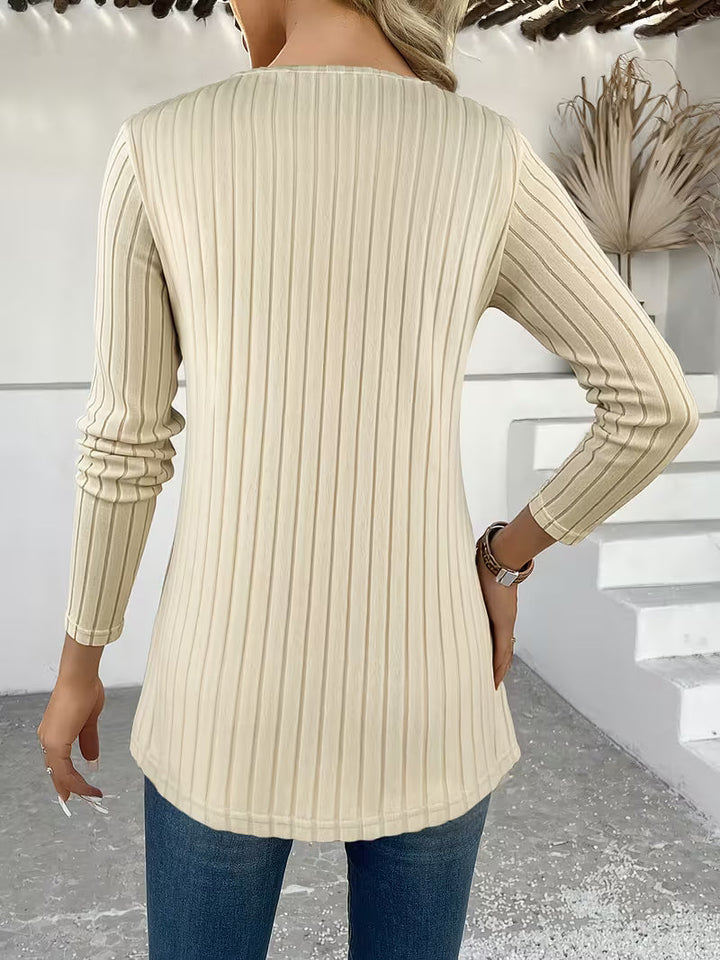 Florilitha - Ribbed Long Sleeve Printed Button Detail Top