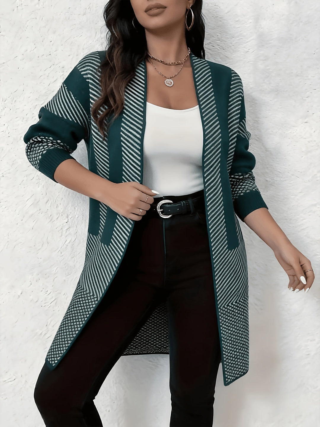 Liliyicia - Longline Geometric Knit Open Front Cardigan