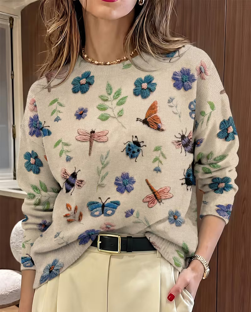 Soleilys - Casual Floral And Insect Print Sweater