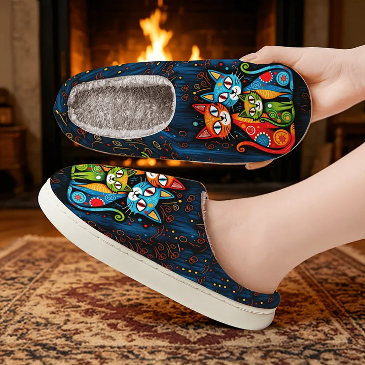 Jovisova - Cat Print Plush-Lined Slippers