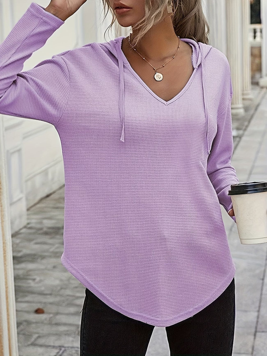 Laurette - Long Sleeve V Neck Hoodie