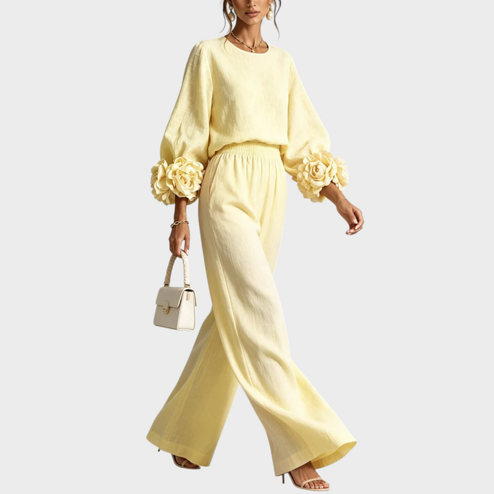 Elisora - Floral Cuff Long Sleeve Wide-Leg Pants Set
