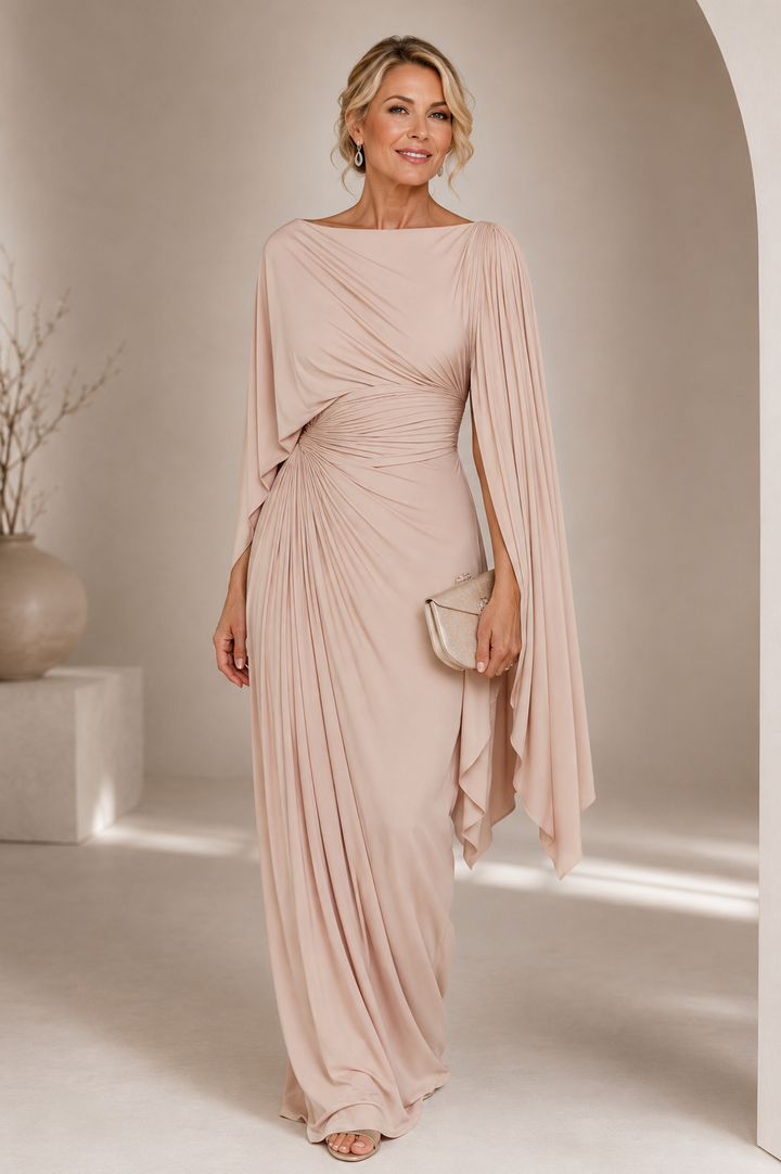 Mirona - Pleated Maxi Dress With a Cape