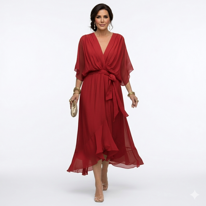 Zagda - Elegant V-Neck Midi Dress