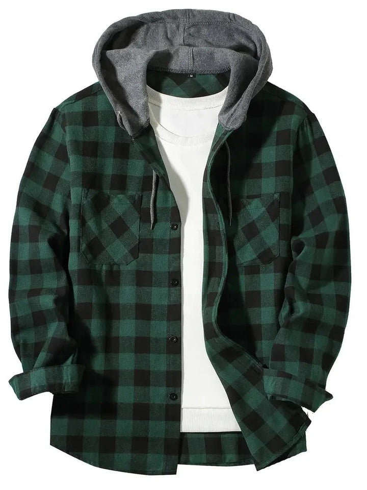 Bodgarel - Plaid Long Sleeve Hooded Button-Up Shirt