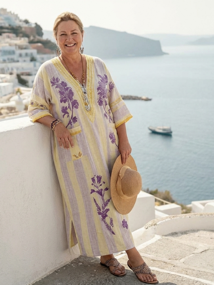 Feryana - Long Dress With V-Neck And Striped Floral Print