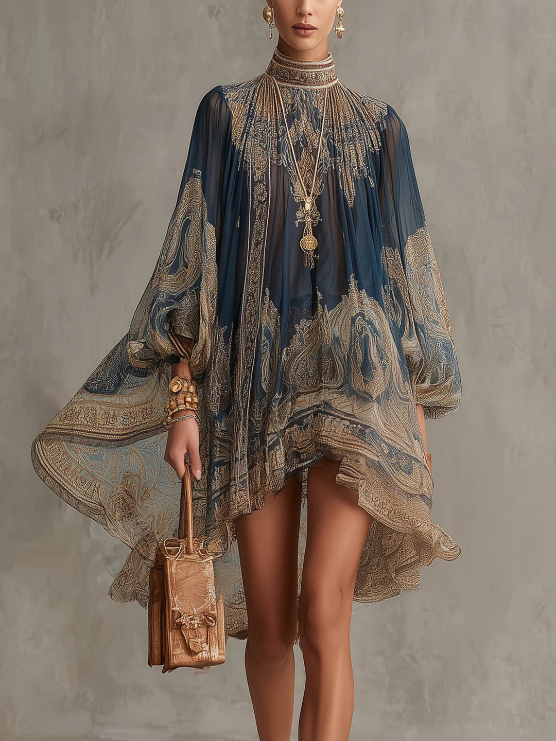 Rhean - Chiffon Mini Dress With Gold Baroque Print
