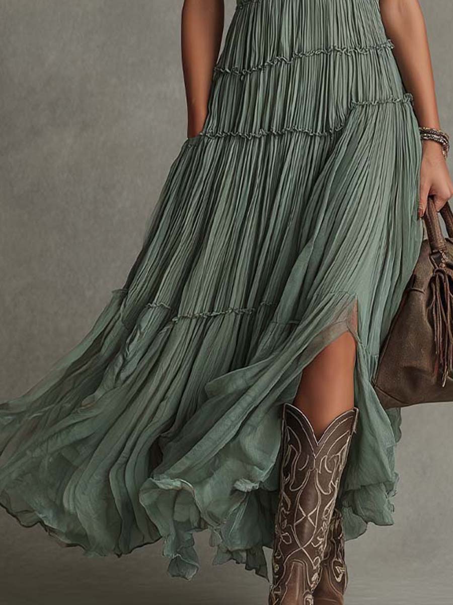Sirikun - Sage Pleated Chiffon V-Neck Maxi Dress