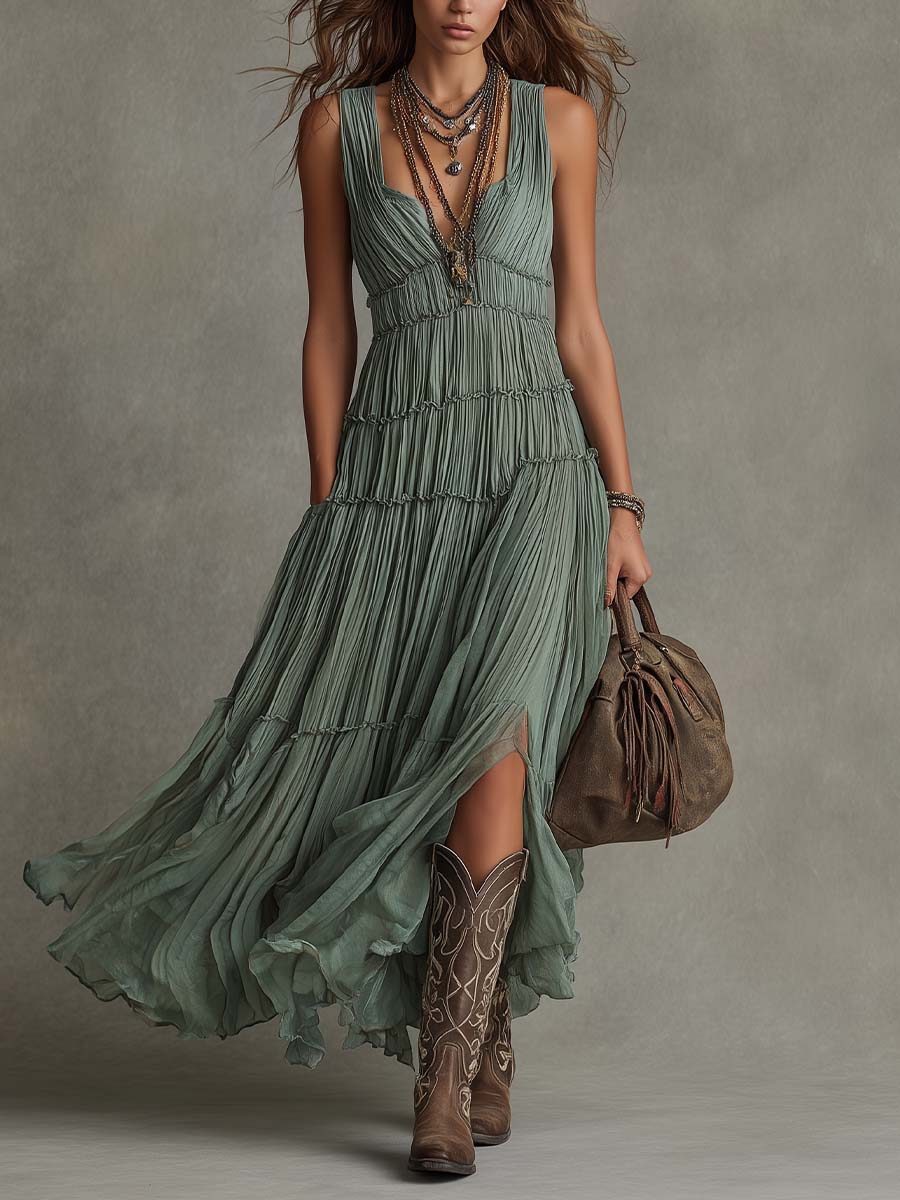 Sirikun - Sage Pleated Chiffon V-Neck Maxi Dress