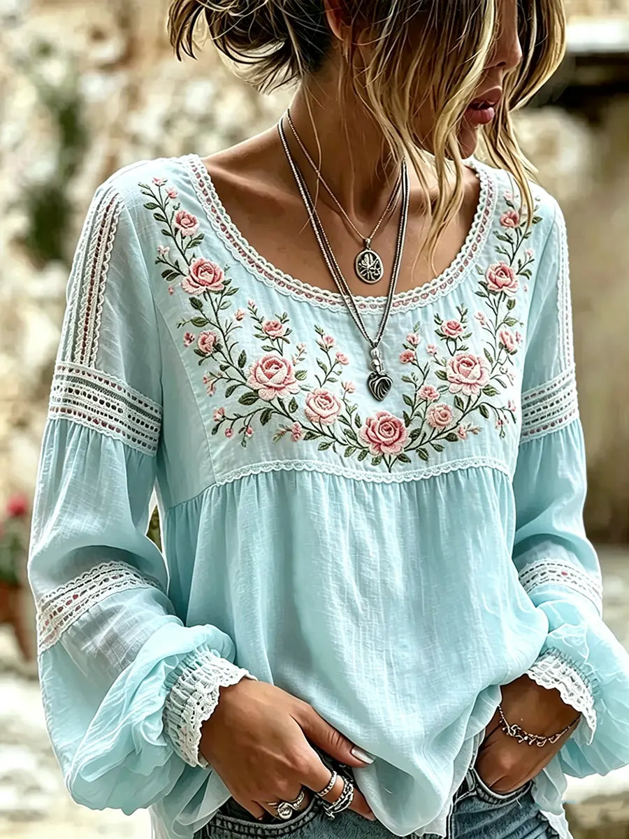 Esraa - Linen Blouse With Embroidered Floral Neck
