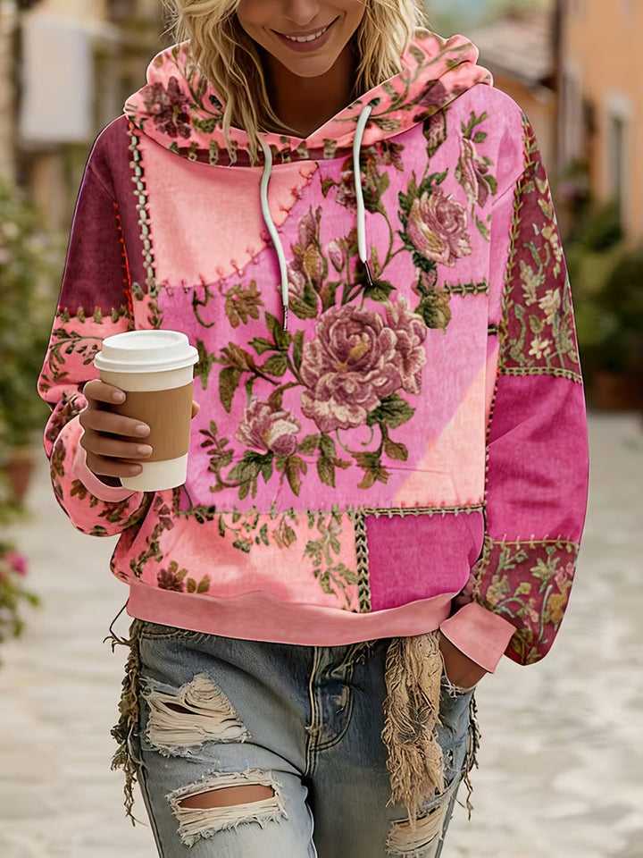 Zaneosica - Floral Patchwork Long Sleeve Hooded Top
