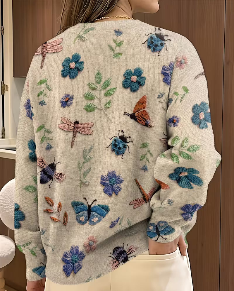 Soleilys - Casual Floral And Insect Print Sweater
