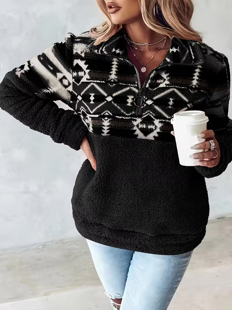 Florira - Geo Pattern Half-Zip Teddy Sweatshirt