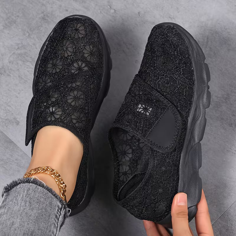 Linnine - Floral Lace Hook and Loop Sneakers